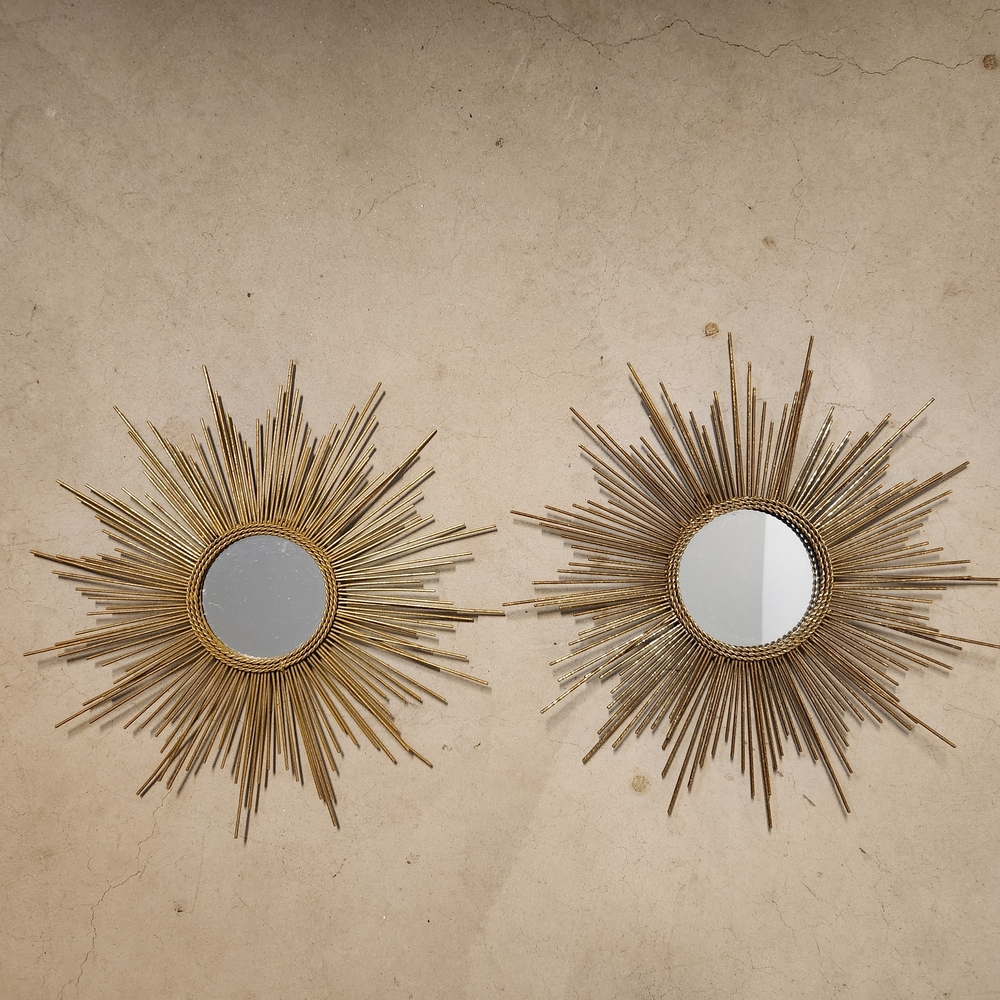 Vintage Set Of 2 Gold Sunburst Mid-century Wall Mirrors